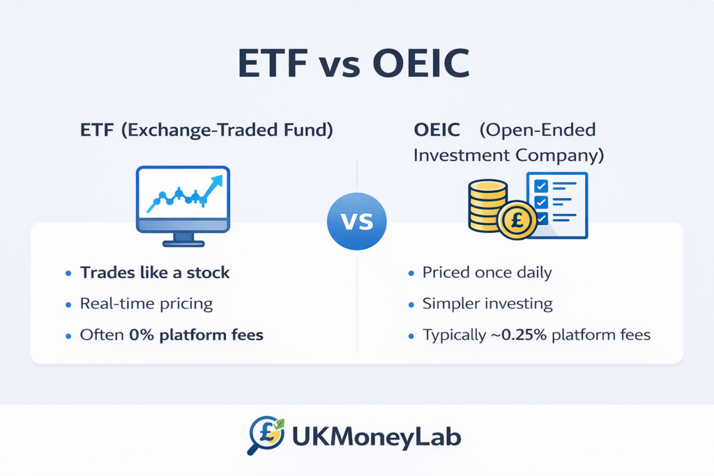 ETF vs OEIC comparison showing key differences including pricing, fees, and how they are traded for UK investors