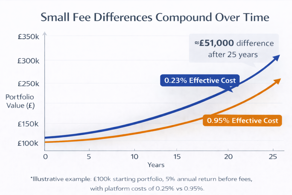Chart showing how investment platform fees of 0.23% vs 0.95% impact a £100k portfolio over 25 years.