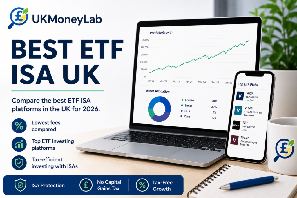 Best ETF ISA UK investing comparison graphic by UKMoneyLab