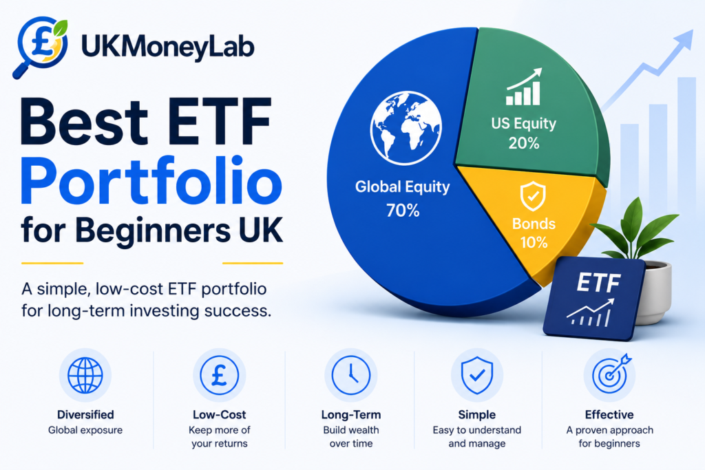 Best ETF portfolio for beginners UK showing simple diversified ETF investing by UKMoneyLab