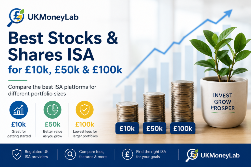 Best Stocks & Shares ISA for £10k, £50k and £100k portfolios comparison chart by UKMoneyLab