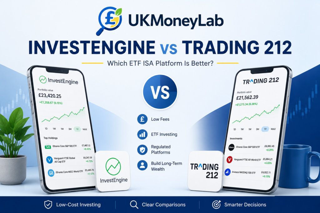 InvestEngine vs Trading 212 comparison showing low-cost ETF investing platforms by UKMoneyLab