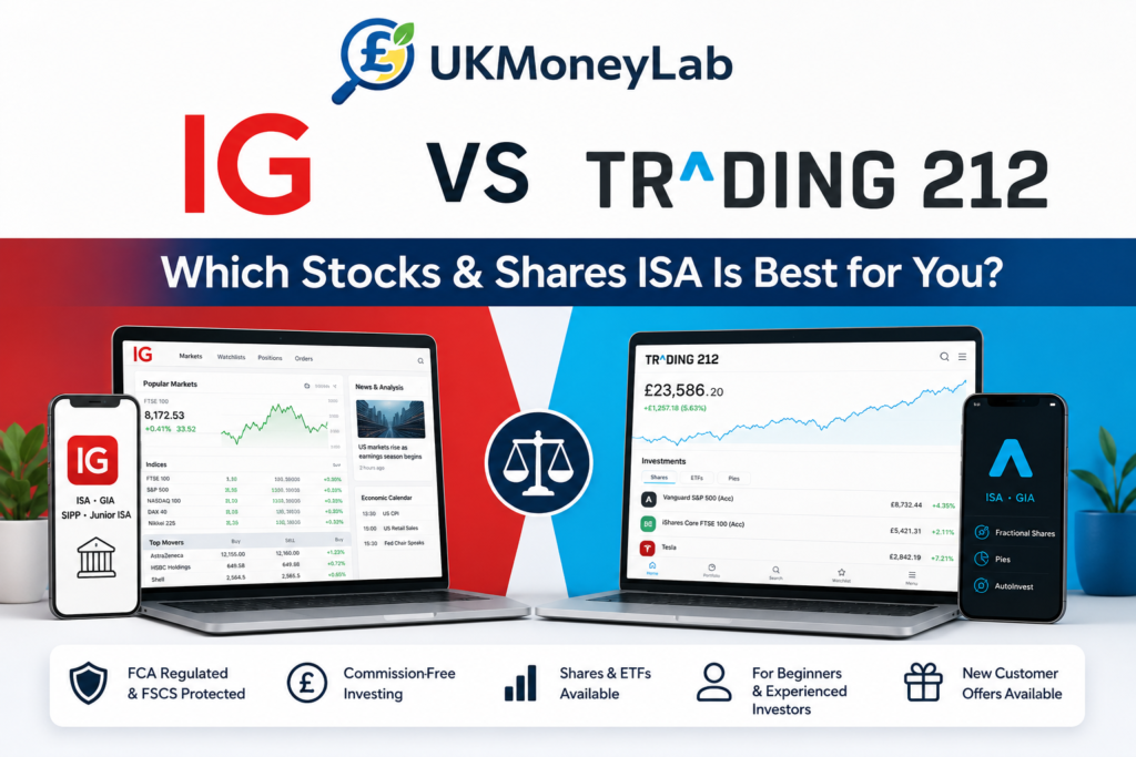 IG vs Trading 212 comparison showing fees, investment options, platform features and which Stocks & Shares ISA may suit UK investors.