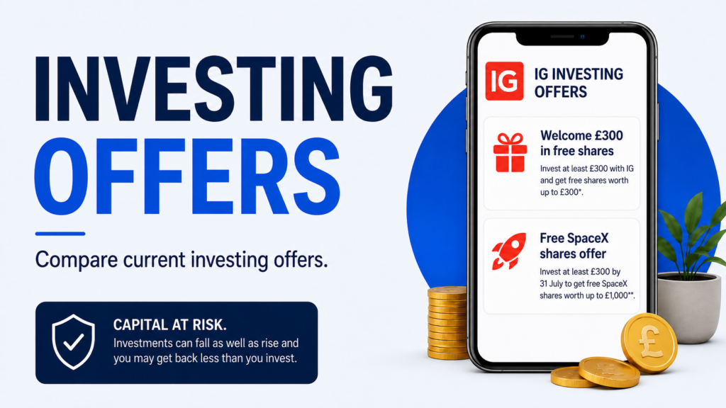 UK investing offers page showing IG free share promotions for ISA, GIA and SIPP accounts